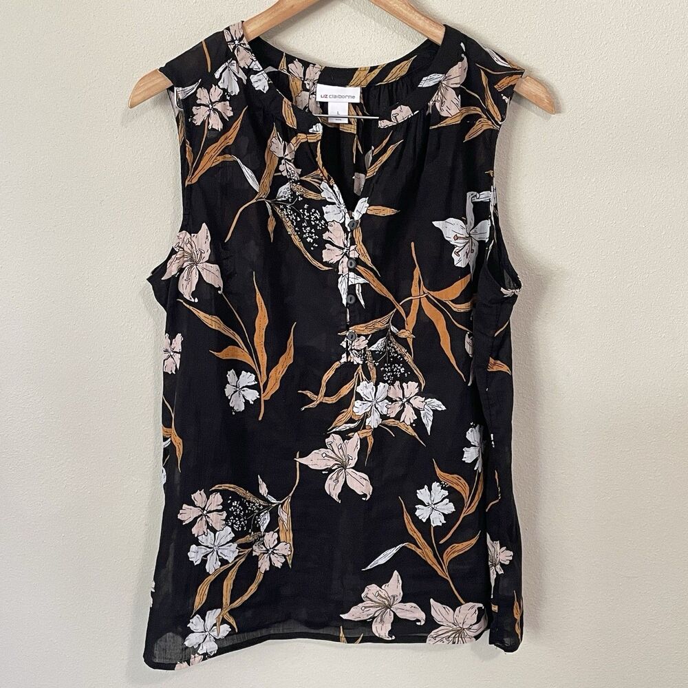 LIZ CLAIBORNE Women's L 100% Cotton Tank Top Sheer Black Floral Button Shirt
